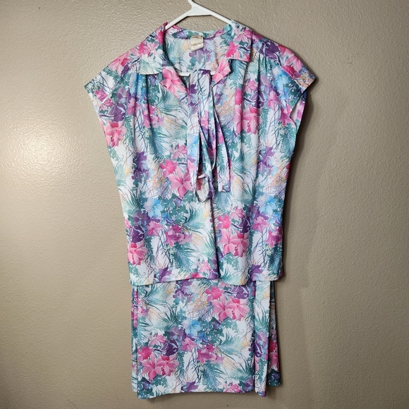 VTG Union Made Berg Ray Frocks Pastel Tropical Floral SS Polo/Skirt/Belt Set - Picture 1 of 11